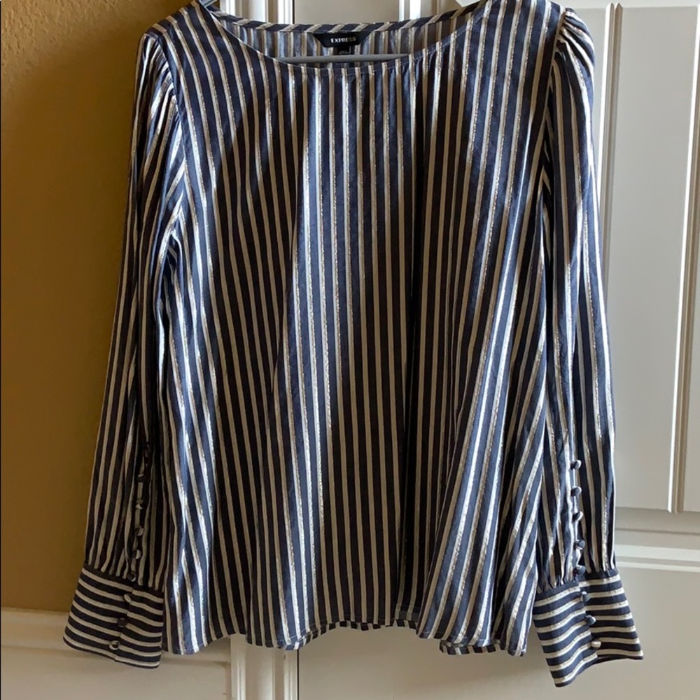 blue white and gold long sleeve Express top